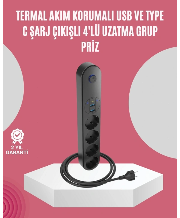 Led Anahtarlı Akım Korumalı Çoklu Priz 4 Priz 3 USB Girişli
