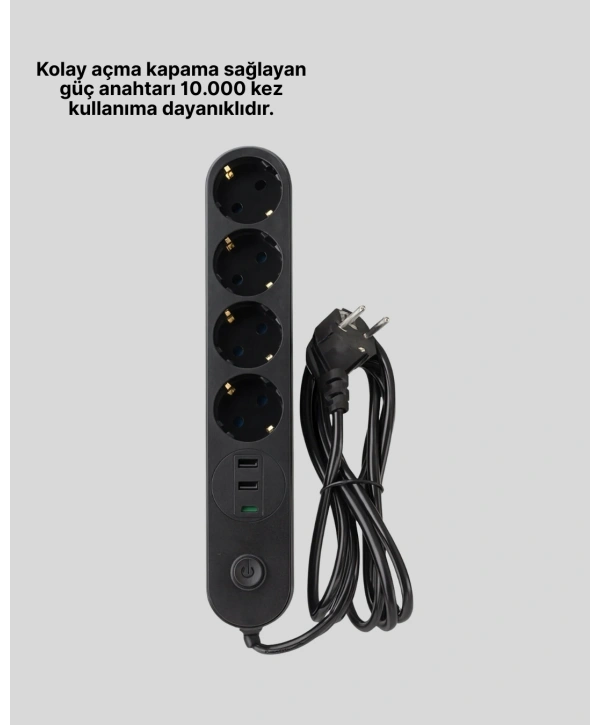 Led Anahtarlı Akım Korumalı Çoklu Priz 4 Priz 3 USB Girişli
