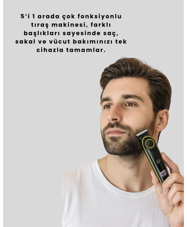 LED Ekranlı Şarjlı Saç ve Sakal Kesme Makinesi Erkek Bakım Cihazı Çok Başlıklı Set