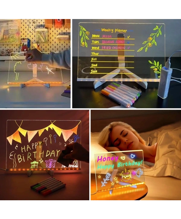 LED Işıklı Kendiliğinden Renkli Fosforlu Kalemli Dikdörtgen Yazı Panosu 20x30 cm (5047)