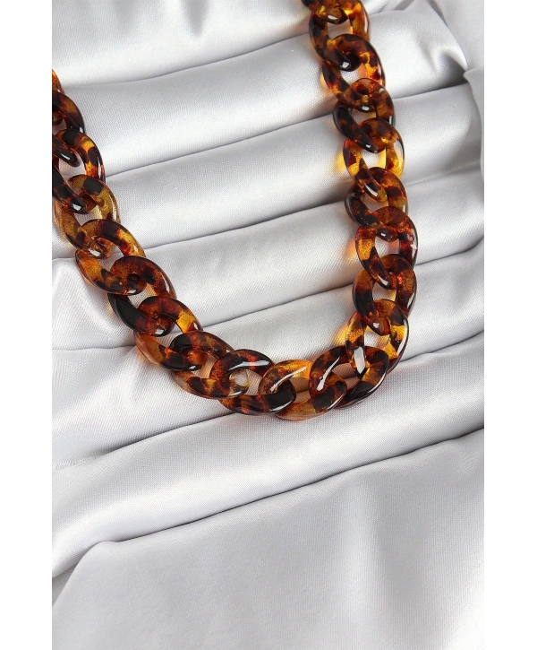 Leopar Desenli Mika Kalın Zincir Kadın Kolye