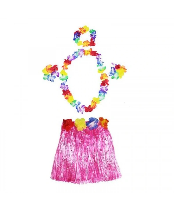 Luau Aloha Hawaii  Kolye Etek Taç ve Bileklik Seti Pembe (5047)