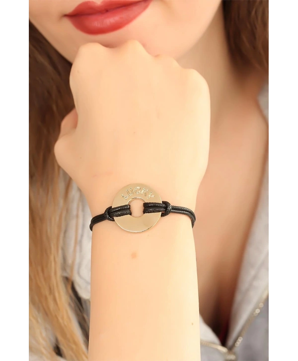 LUCKY (Şanslı) Siyah Deri İpli Unisex Mood Bileklik