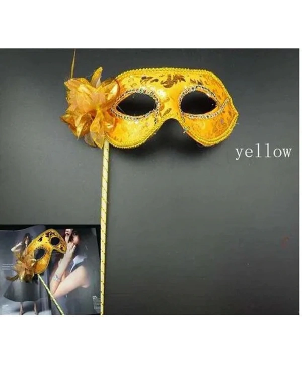 Lüks Taşlı Saplı Maskeli Balo Maskesi Altın Renk 35 cm (5047)