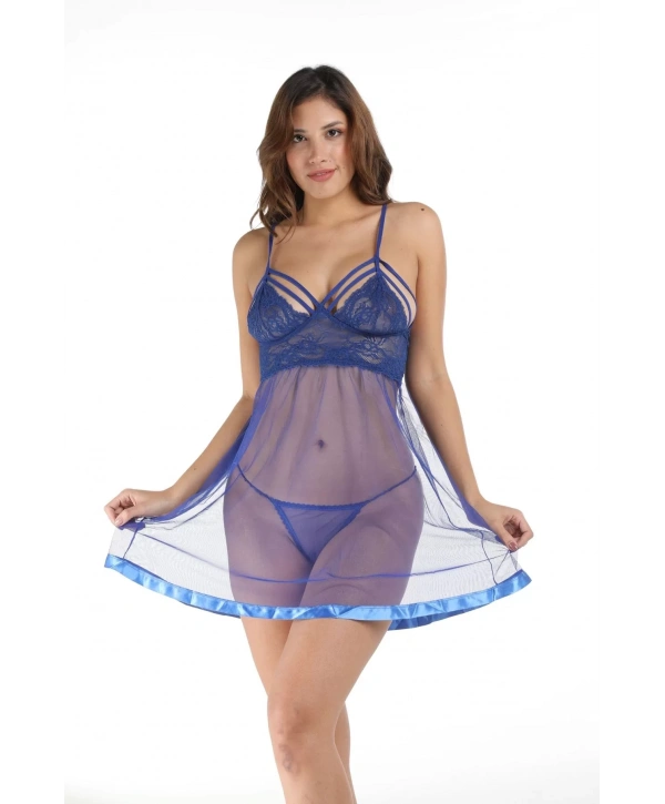 Mavi Dantel Gecelik - 682