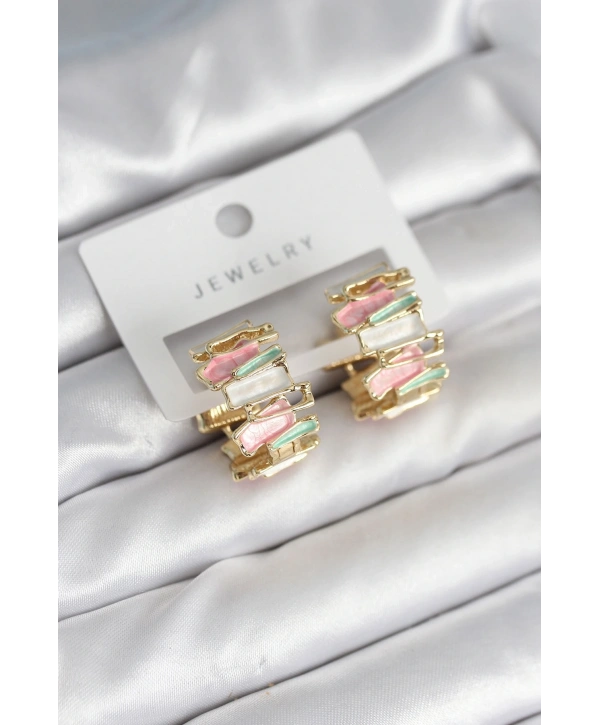 Mineli Karışık Renkli Gold Pirinç Kadın Küpe