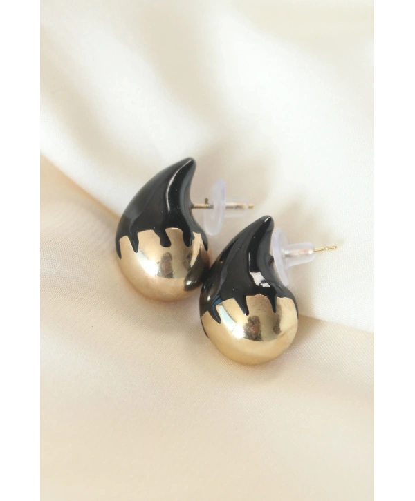 Minimal Siyah Mineli Çift Renk Damla Küpe