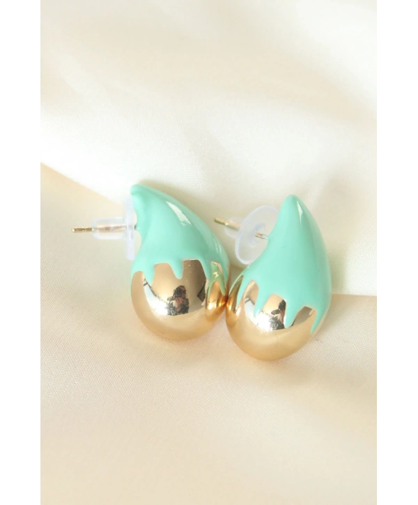 Minimal Turkuaz Mineli Çift Renk Damla Küpe