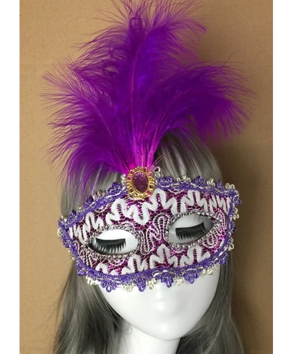 Mor Dantel İşlemeli Mor Tüylü Balo Parti Maskesi 17x20 cm (5047)