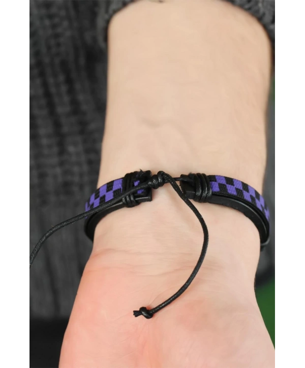 Mor Renk Damalı Deri Erkek Bileklik