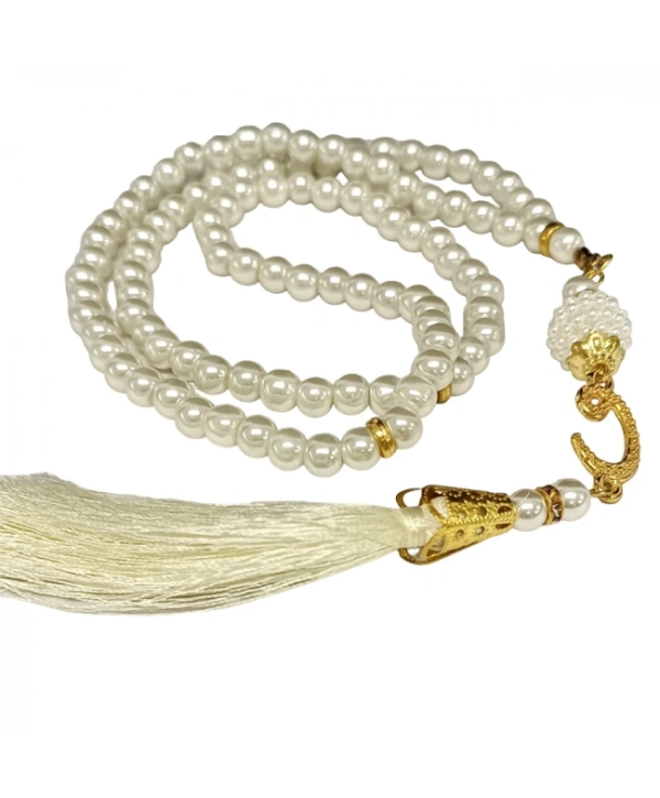 Namaz Tesbihi Vavlı 99lu Cam İncili Ayet-el Kürsi Dua Kartı İle Krem Renk Hediyelik