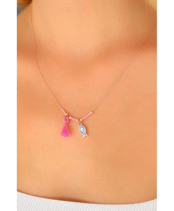 Nazar Boncuklu Pembe Renk Taşlı Rose Bayan Kolye