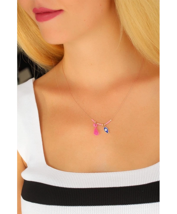 Nazar Boncuklu Pembe Renk Taşlı Rose Bayan Kolye