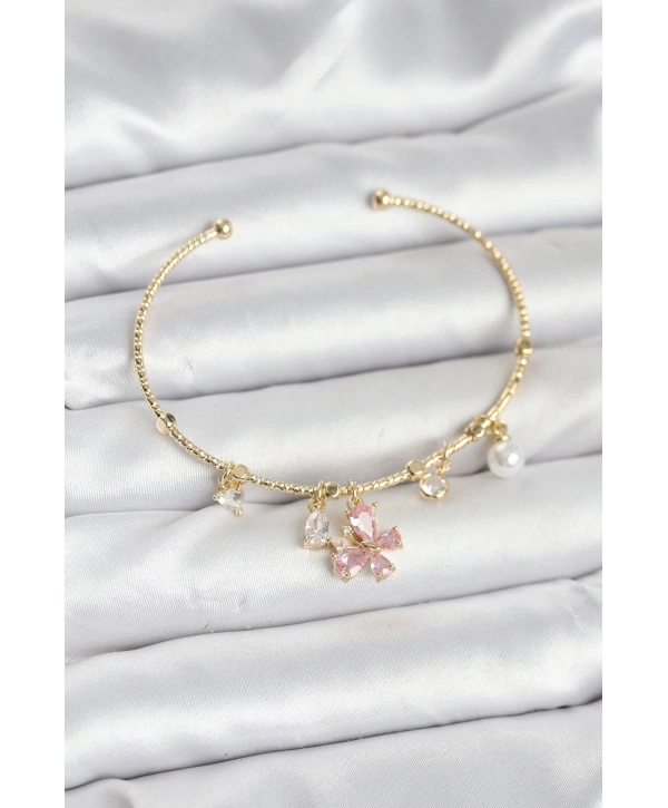 Pembe Kelebek Charmlı Gold Renk Kadın Bileklik