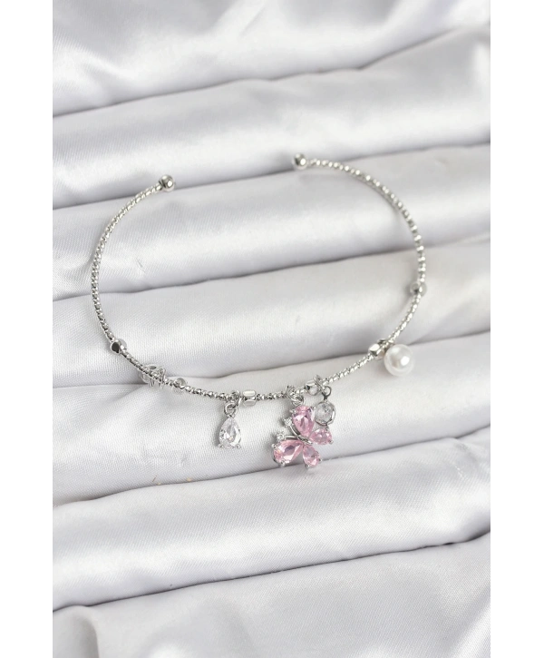 Pembe Kelebek Charmlı Gümüş Renk Kadın Bileklik