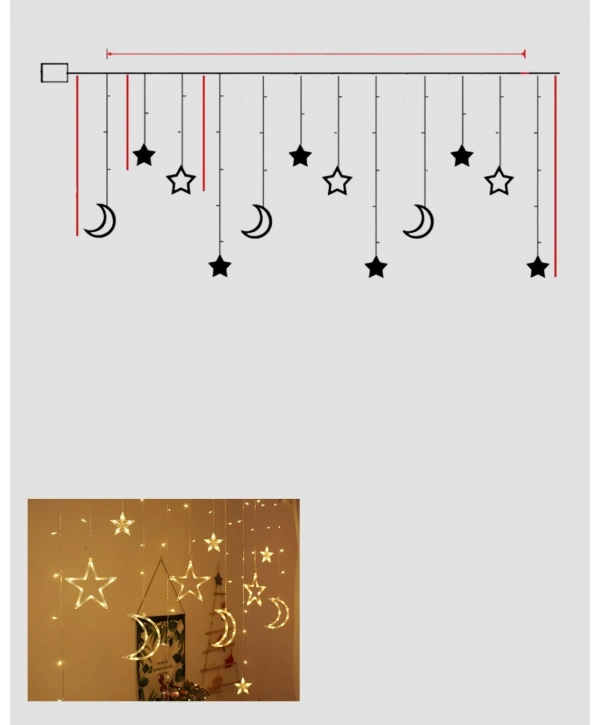 Pilli Çalışan Yıldız Ay Perde Led Işık 2 Modlu Dekorasyon