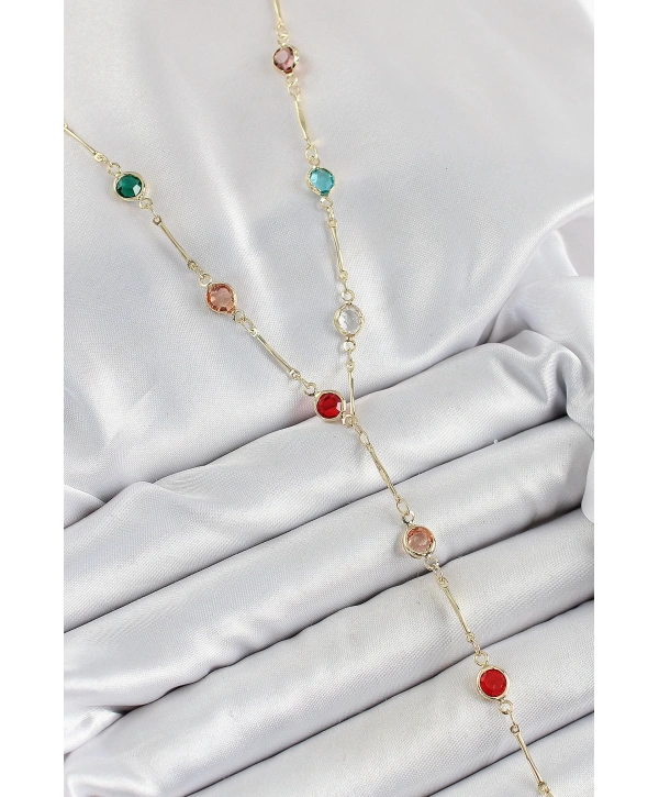 Pirinç Asorti Model Gold Renk Zirkon Taşlı Y Kolye