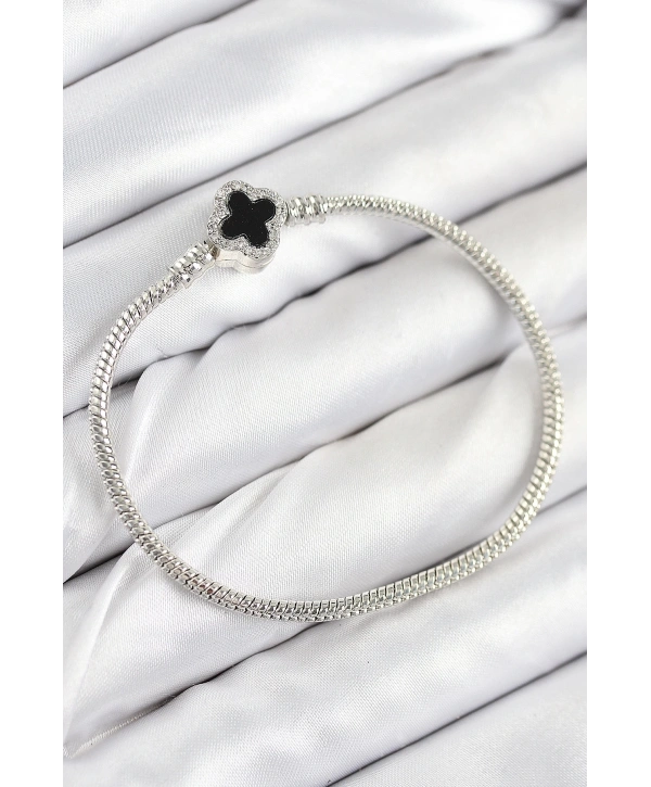 Pirinç Charm Zirkon Taşlı Yonca Model Gümüş Renk Kadın Bileklik