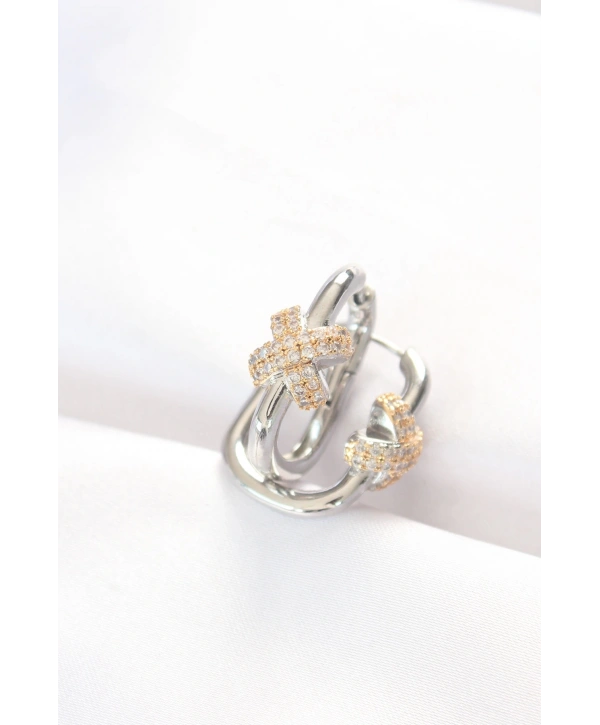 Pirinç Çift Renk Taşlı X Tasarımlı Dikdörtgen Küpe