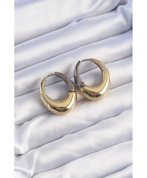 Pirinç Gold Gümüş Renkli Oval Bombeli Küpe