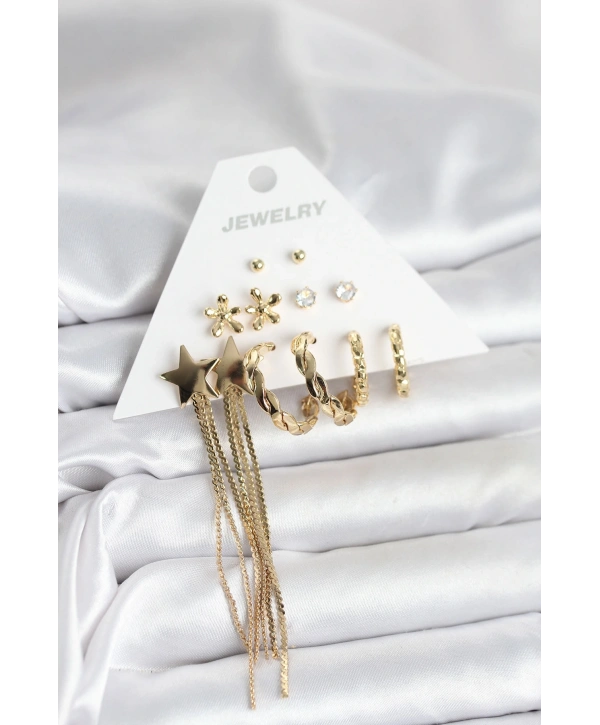 Pirinç Gold Renk 6 Çift Kadın Küpe Seti