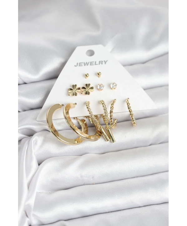 Pirinç Gold Renk 6 Çift Kadın Küpe Seti