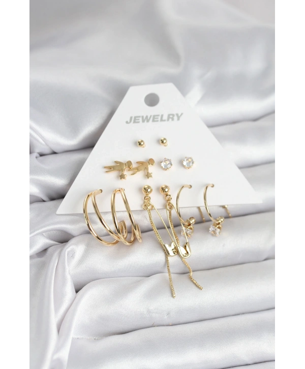 Pirinç Gold Renk 6 Çiftli Kadın Küpe Seti