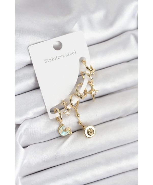 Pirinç Gold Renk Ay Model Kadın Set Küpe