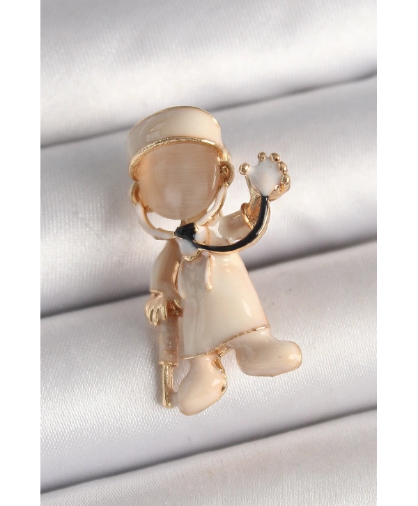 Pirinç Gold Renk Beyaz Mineli Doktor Model Kadın Broş