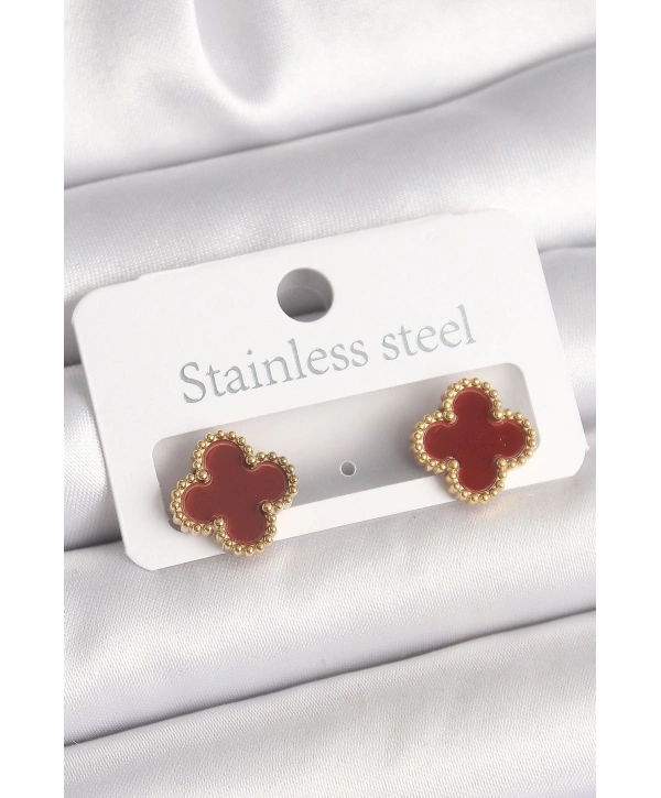 Pirinç Gold Renk Bordo Yonca Model Kadın Küpe