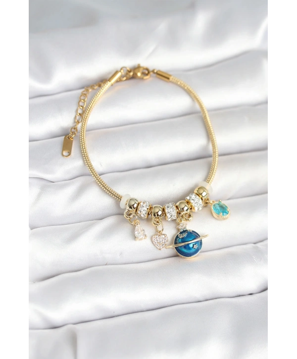 Pirinç Gold Renk Dünya Charmlı Kadın Bileklik