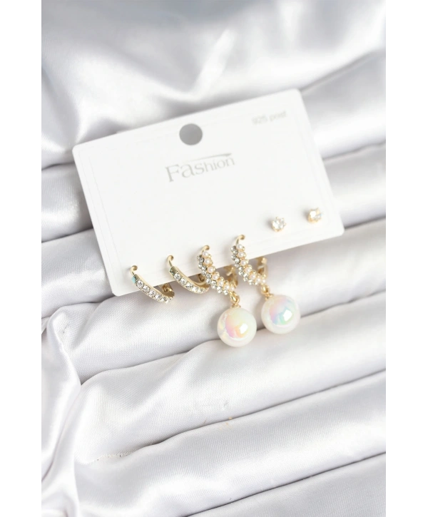 Pirinç Gold Renk İncili 925 Ayar Gümüş Çivi Kadın Küpe Seti