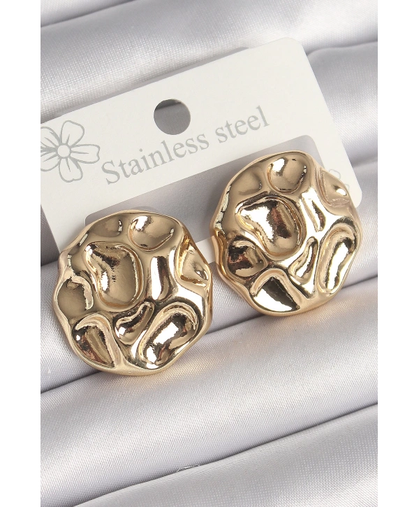 Pirinç Gold Renk İşlemeli Daire Plaka Model Kadın Küpe