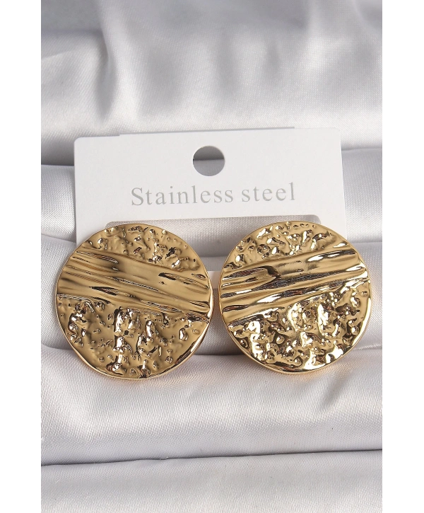 Pirinç Gold Renk İşlemeli Daire Plaka Model Kadın Küpe