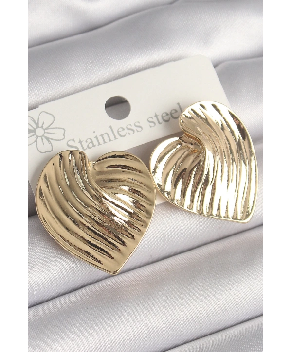 Pirinç Gold Renk İşlemeli Plaka Kalp Model Kadın Küpe