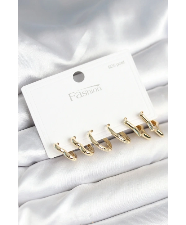 Pirinç Gold Renk Kalp Yıldız ve Halka Model 925 Ayar Gümüş Çivili Kadın Küpe Seti