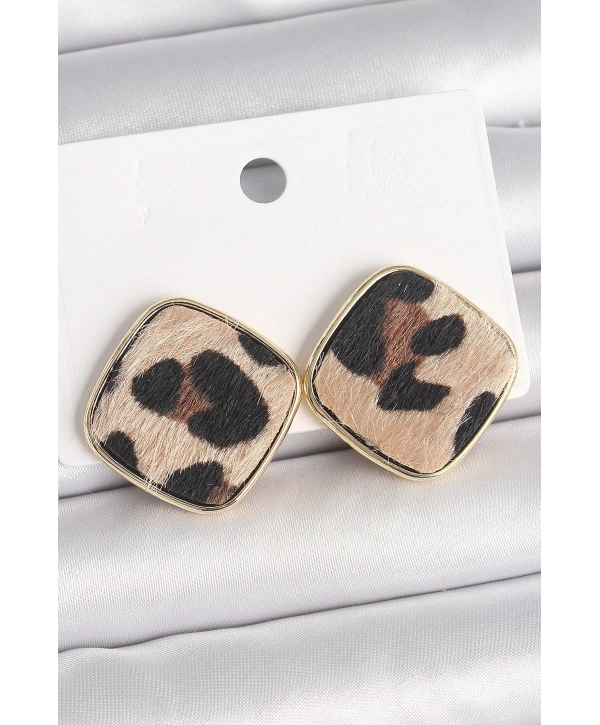 Pirinç Gold Renk Kare Leopar Model Kadın Küpe