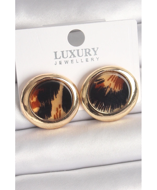 Pirinç Gold Renk Leopar Desen Daire Model Kadın Küpe