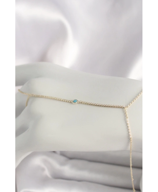 Pirinç Gold Renk Su Yolu Zirkon Taşlı Mavi Taş Detaylı Kadın Şahmeran