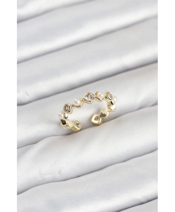 Pirinç Gold Renk Zirkon Taşlı İncili Kadın Yüzük