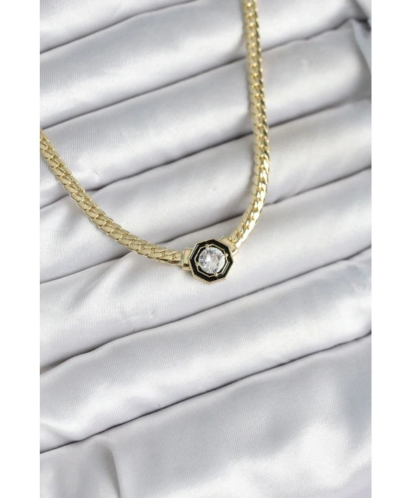 Pirinç Gold Renk Zirkon Taşlı Kadın Kolye