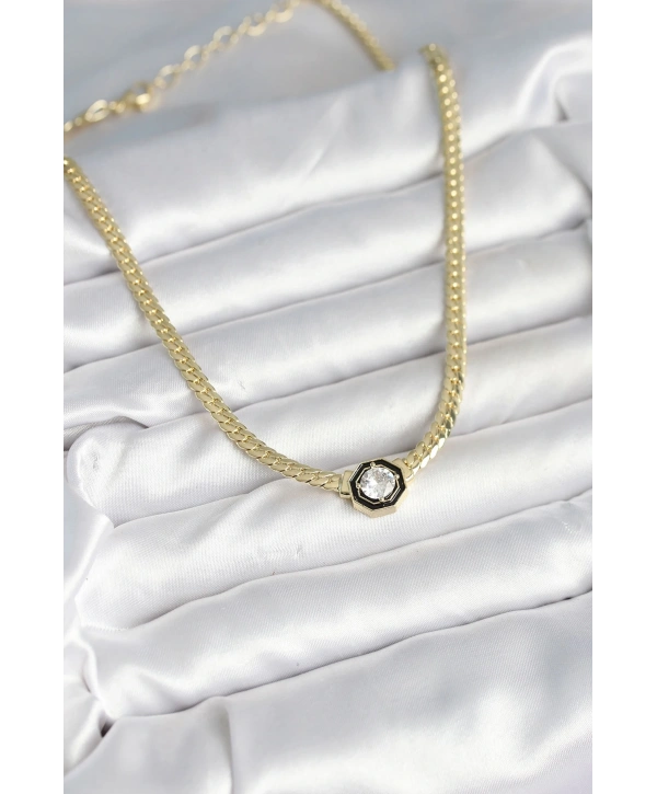 Pirinç Gold Renk Zirkon Taşlı Kadın Kolye