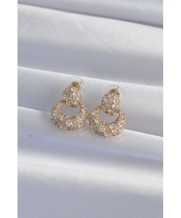 Pirinç Gold Renk Zirkon Taşlı Oval Form Küpe