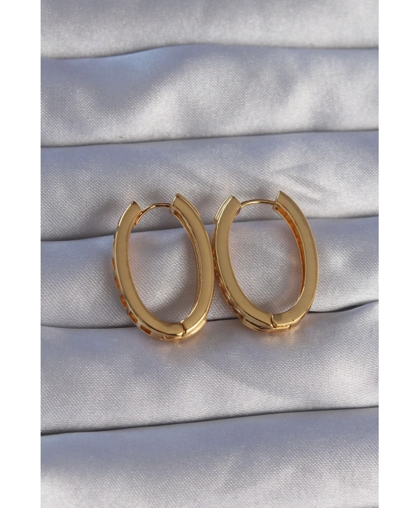 Pirinç Gold Renk Zirkon Taşlı Oval Model Küpe