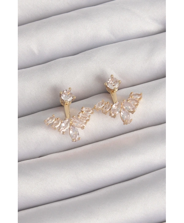 Pirinç Gold Renk Zirkon Taşlı V Model Küpe
