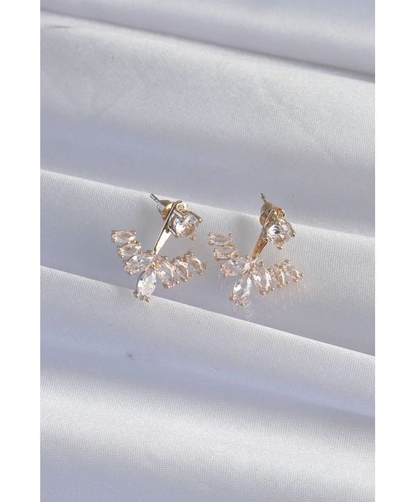 Pirinç Gold Renk Zirkon Taşlı V Model Küpe