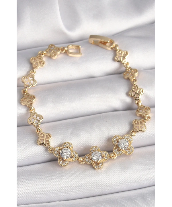 Pirinç Gold Renk Zirkon Taşlı Yonca Model Kadın Bileklik