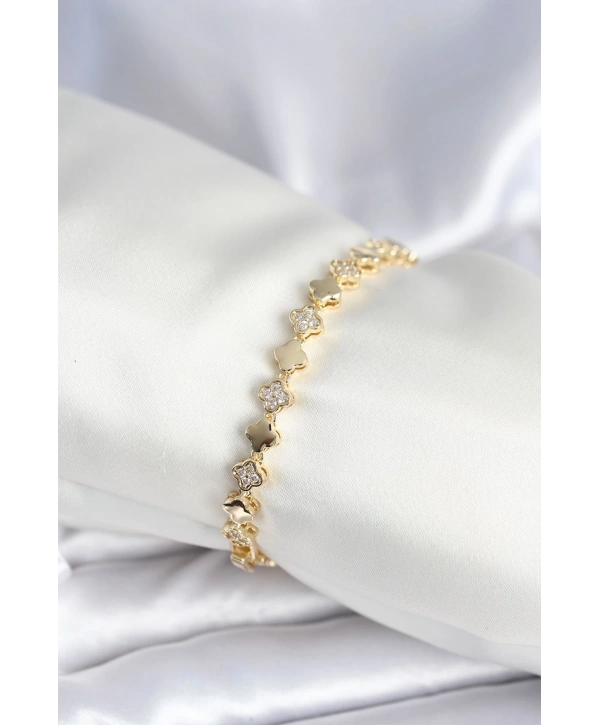 Pirinç Gold Renk Zirkon Taşlı Yonca Model Kadın Bileklik