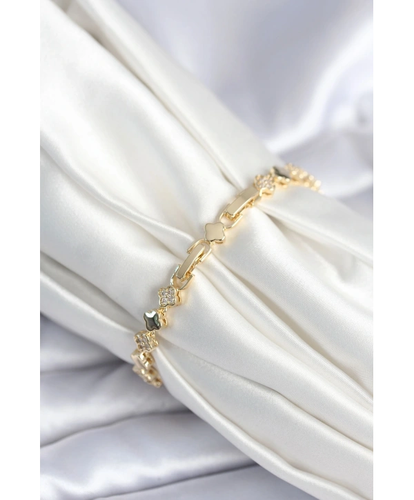 Pirinç Gold Renk Zirkon Taşlı Yonca Model Kadın Bileklik