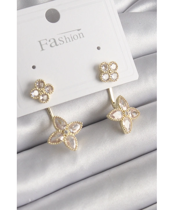 Pirinç Gold Renk Zirkon Taşlı Yonca Model Kadın Küpe